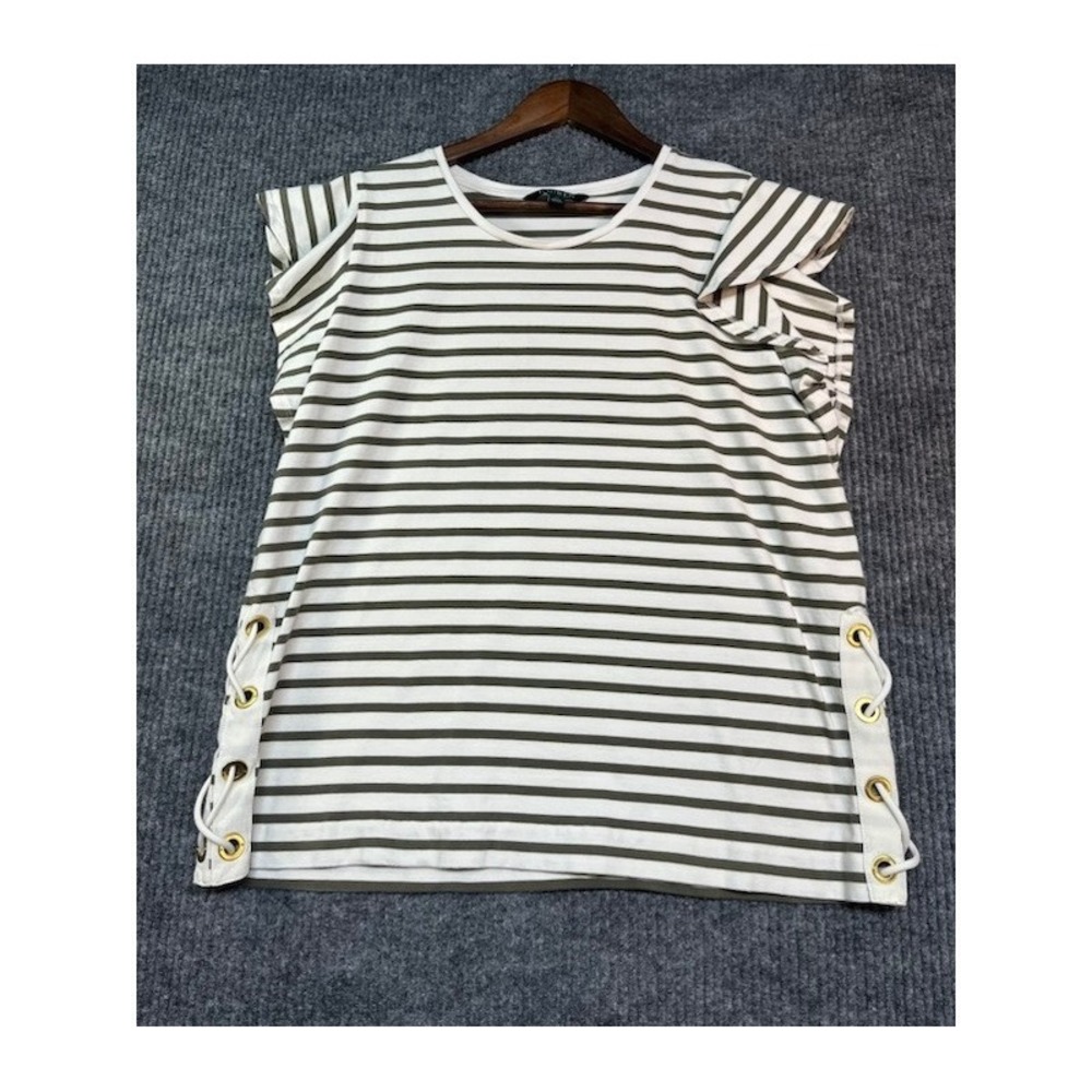 Lauren Ralph Lauren Striped Ruffle Sleeve Lace Up Side Top Olive White XL